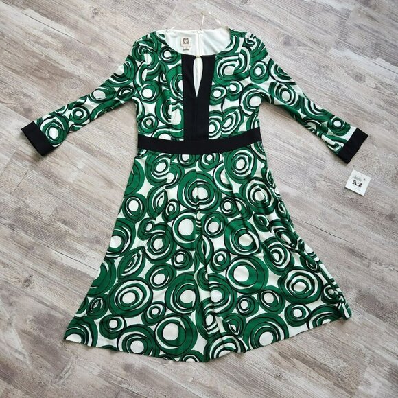 Anne Klein Green Black Circle Abstract Print Midi Keyhole Dress 3/4 Sleeve Sz 6 - Picture 2 of 14